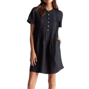 Quince 100% European Linen Short Sleeve Swing Dress Size Small Black Pintuck